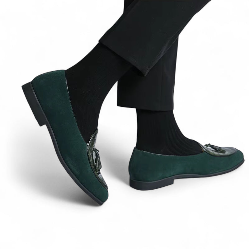 Mocassin Daim Et Cuir Vert à Gland Pour Homme
