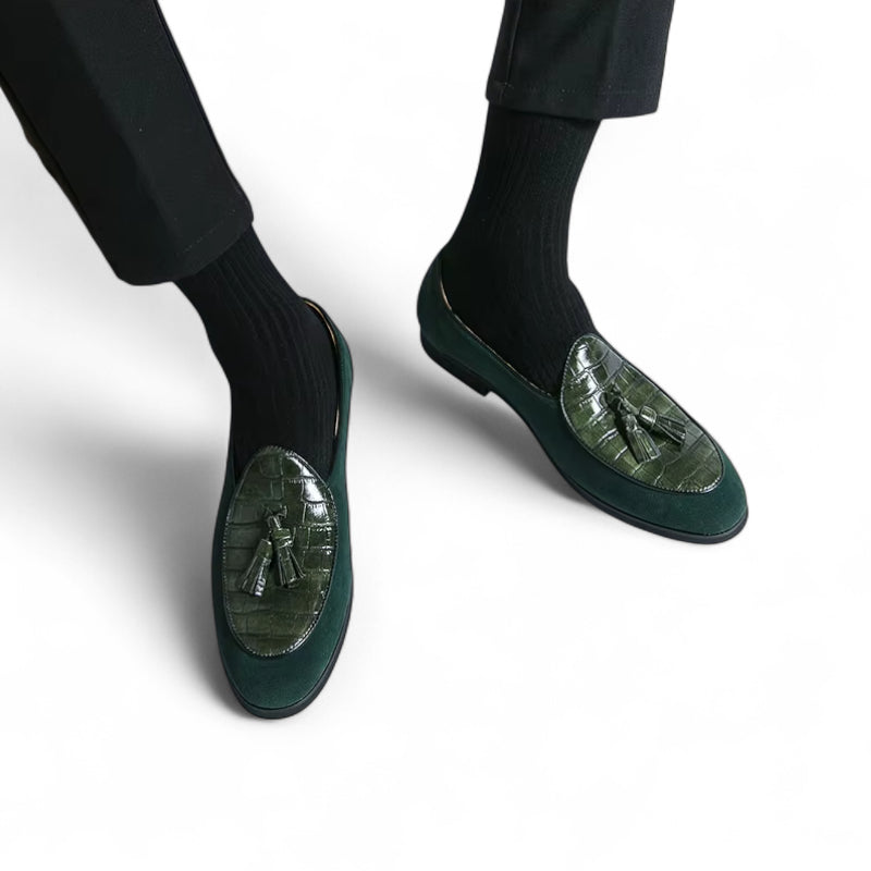 Mocassin Daim Et Cuir Vert à Gland Pour Homme