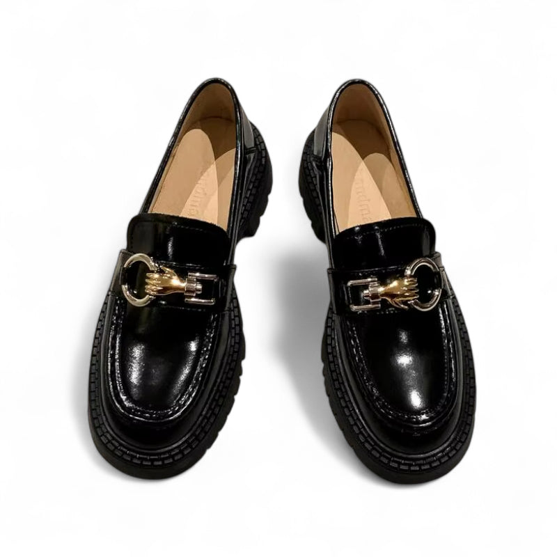 Mocassin En Cuir Noir Plateforme Vernis Brillant Chainette Femme