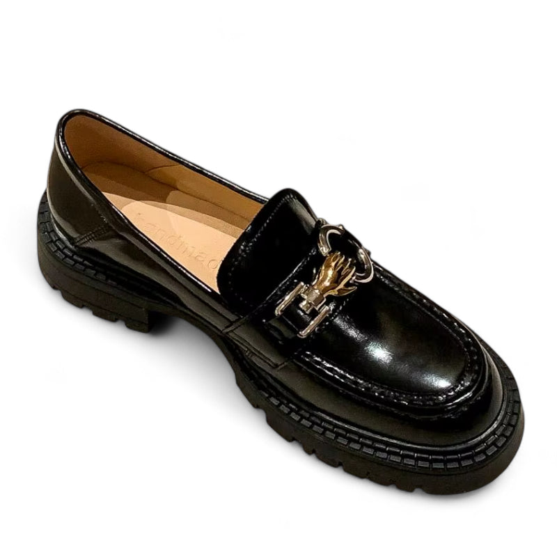 Mocassin En Cuir Noir Plateforme Vernis Brillant Chainette Femme