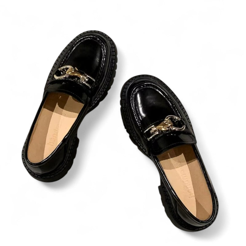 Mocassin En Cuir Noir Plateforme Vernis Brillant Chainette Femme