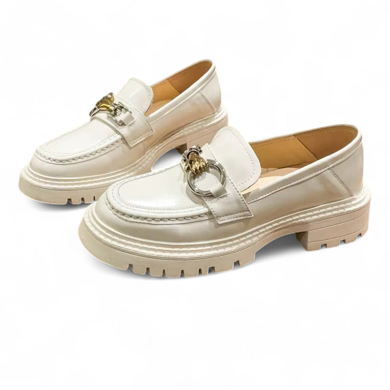 Mocassin Compensé En Cuir Blanc Et Chainette Pour Femme