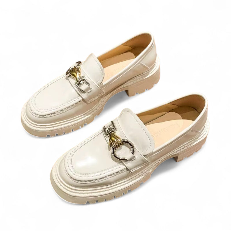 Mocassin Compensé En Cuir Blanc Et Chainette Pour Femme