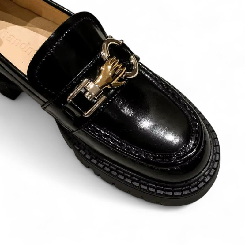 Mocassin En Cuir Noir Plateforme Vernis Brillant Chainette Femme