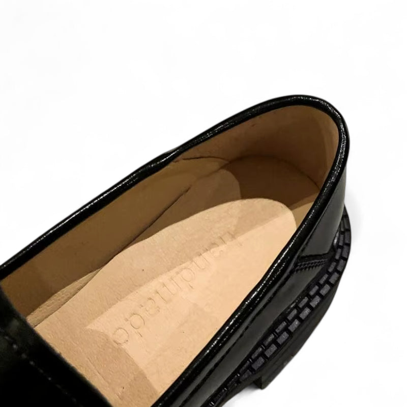 Mocassin En Cuir Noir Plateforme Vernis Brillant Chainette Femme