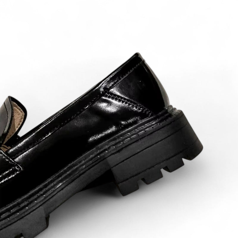 Mocassin En Cuir Noir Plateforme Vernis Brillant Chainette Femme