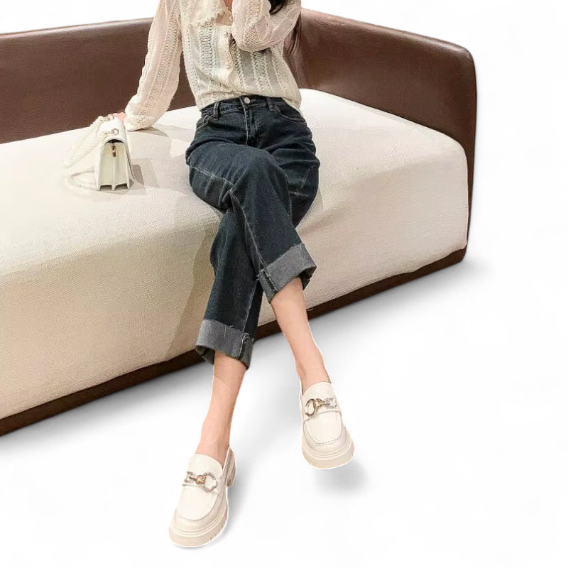 Mocassin Compensé En Cuir Blanc Et Chainette Pour Femme