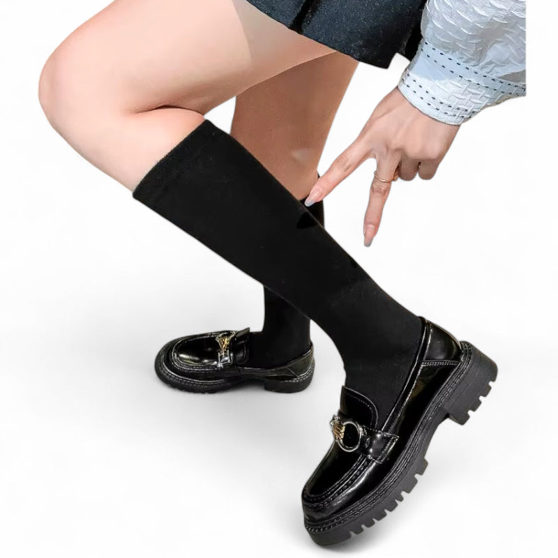 Mocassin En Cuir Noir Plateforme Vernis Brillant Chainette Femme