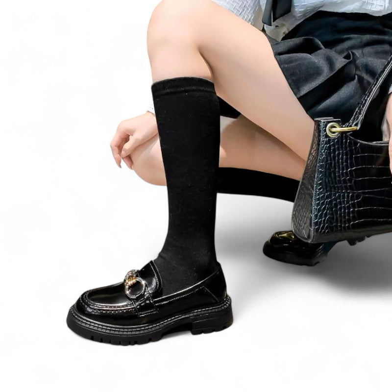 Mocassin En Cuir Noir Plateforme Vernis Brillant Chainette Femme