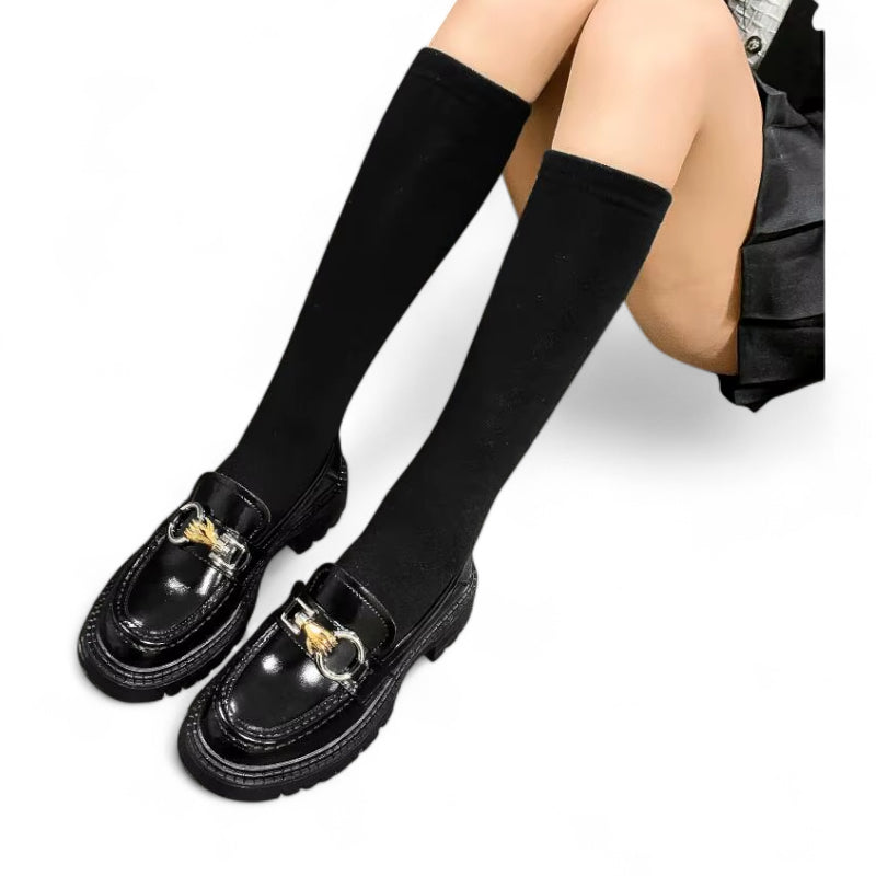 Mocassin En Cuir Noir Plateforme Vernis Brillant Chainette Femme