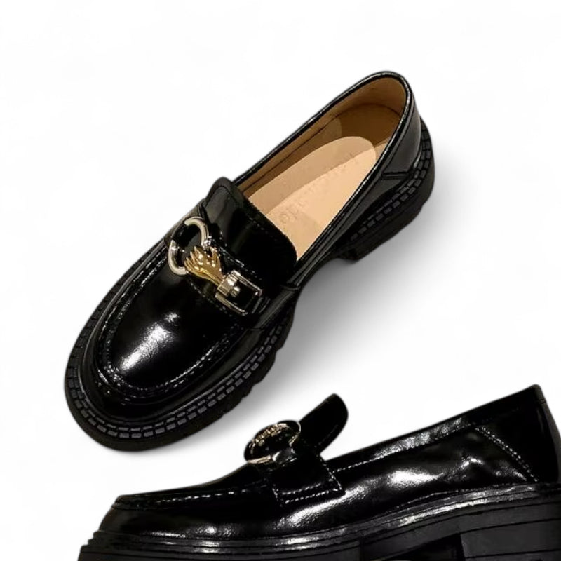 Mocassin En Cuir Noir Plateforme Vernis Brillant Chainette Femme