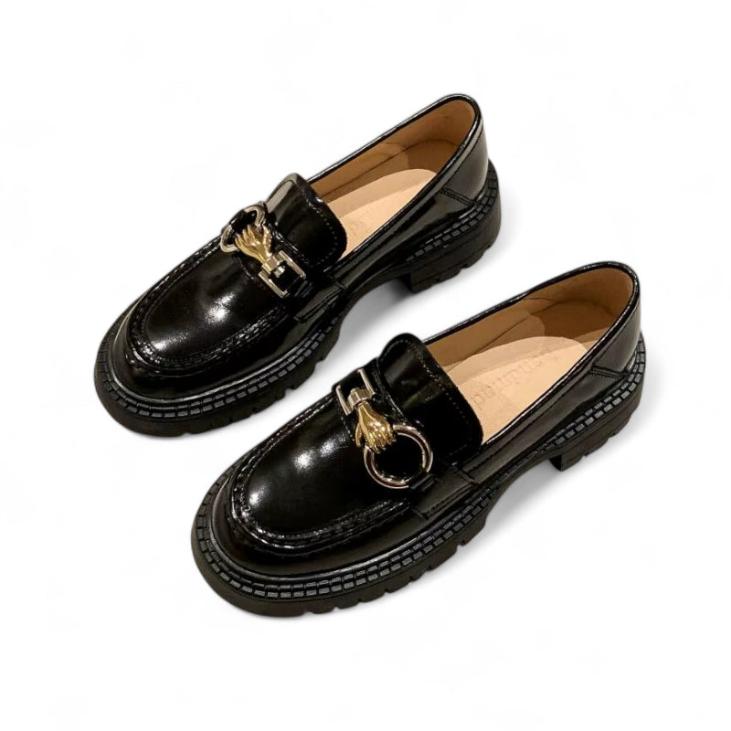 Mocassin En Cuir Noir Plateforme Vernis Brillant Chainette Femme