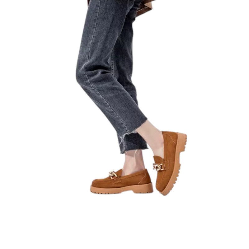 Mocassin Compensé Daim Camel Chainette Femme