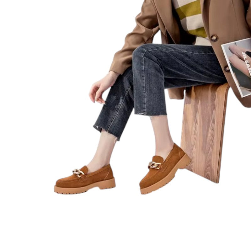 Mocassin Compensé Daim Camel Chainette Femme