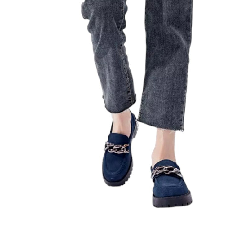 Mocassin En Daim Bleu Marine Chainette Plateforme Pour Femme