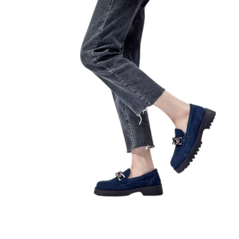 Mocassin En Daim Bleu Marine Chainette Plateforme Pour Femme