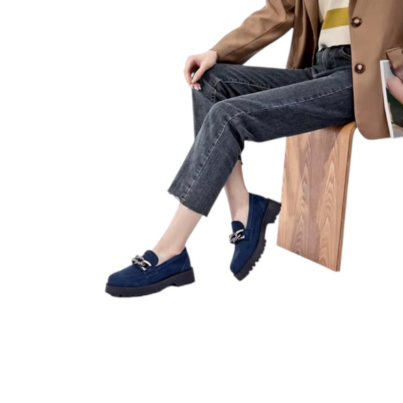 Mocassin En Daim Bleu Marine Chainette Plateforme Pour Femme