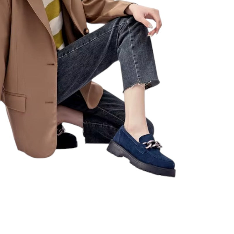 Mocassin En Daim Bleu Marine Chainette Plateforme Pour Femme