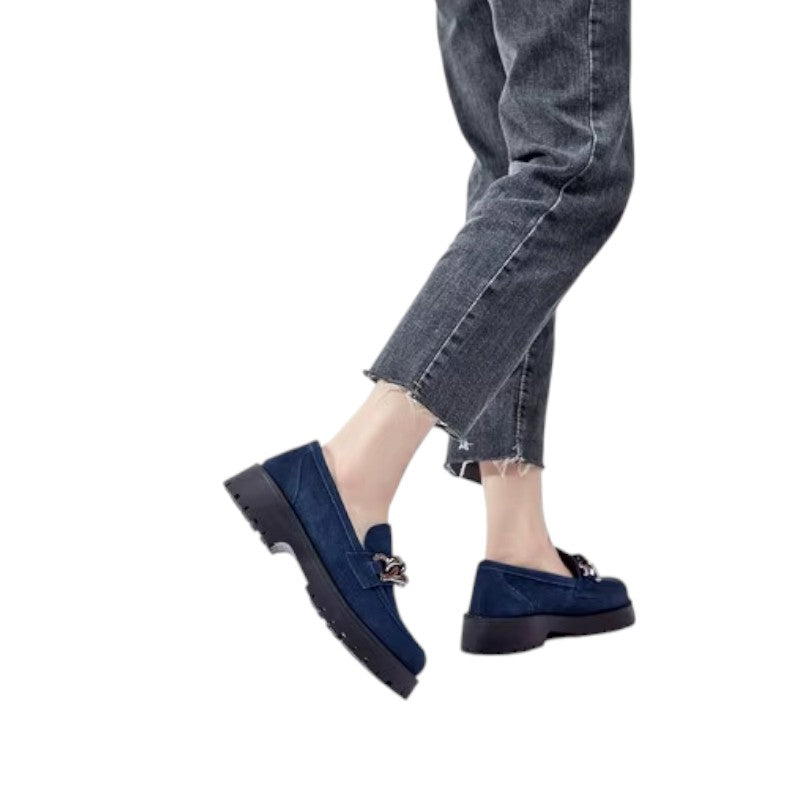 Mocassin En Daim Bleu Marine Chainette Plateforme Pour Femme