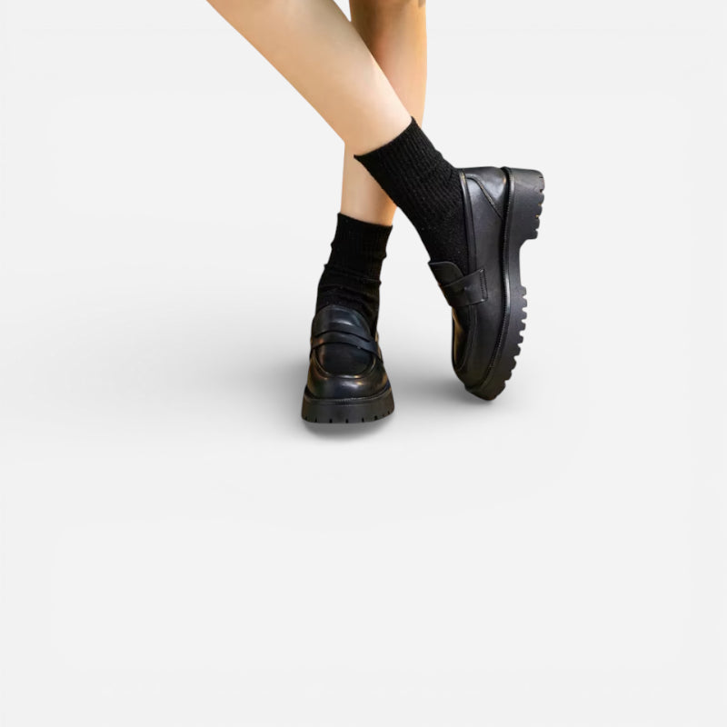 Mocassin Plateforme En Cuir Noir Pour Femme