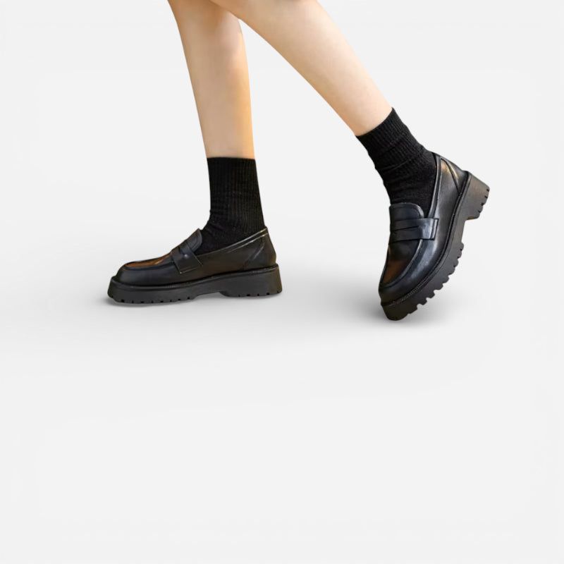 Mocassin Plateforme En Cuir Noir Pour Femme