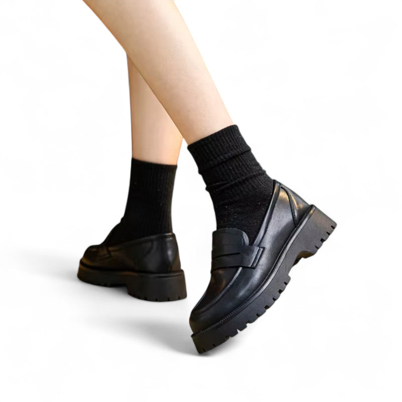 Mocassin Plateforme En Cuir Noir Pour Femme