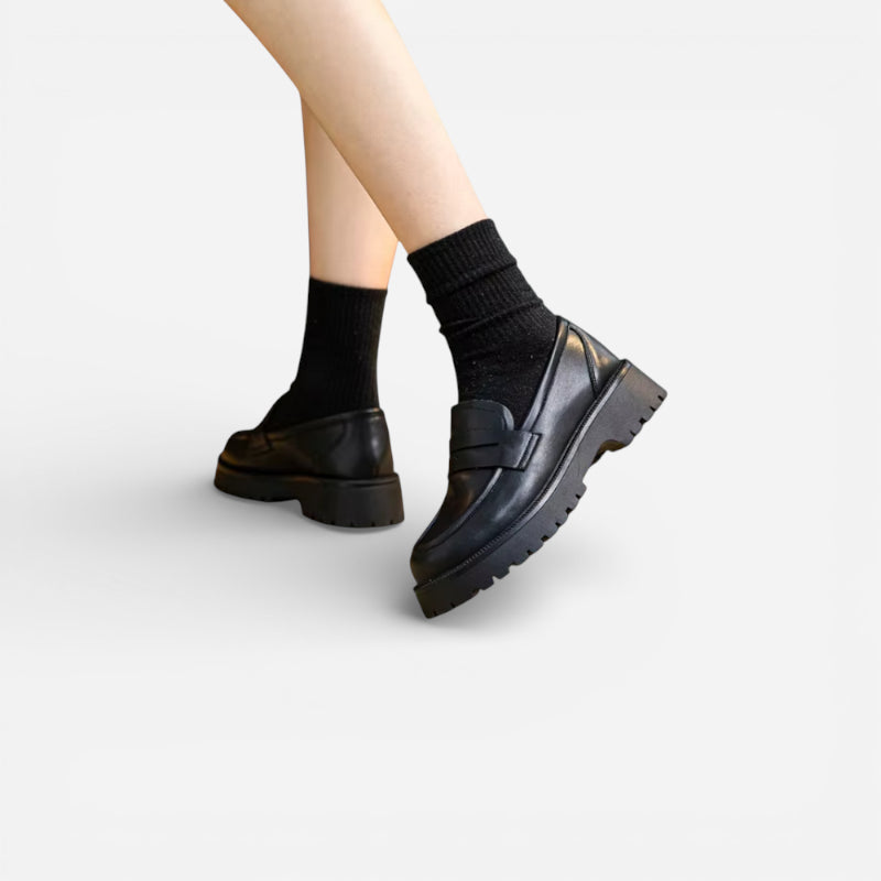 Mocassin Plateforme En Cuir Noir Pour Femme