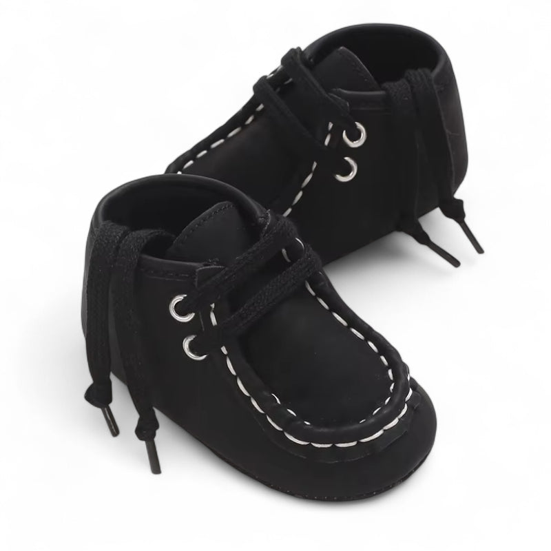 Mocassin Daim Bébé Noir Tissu Blanc