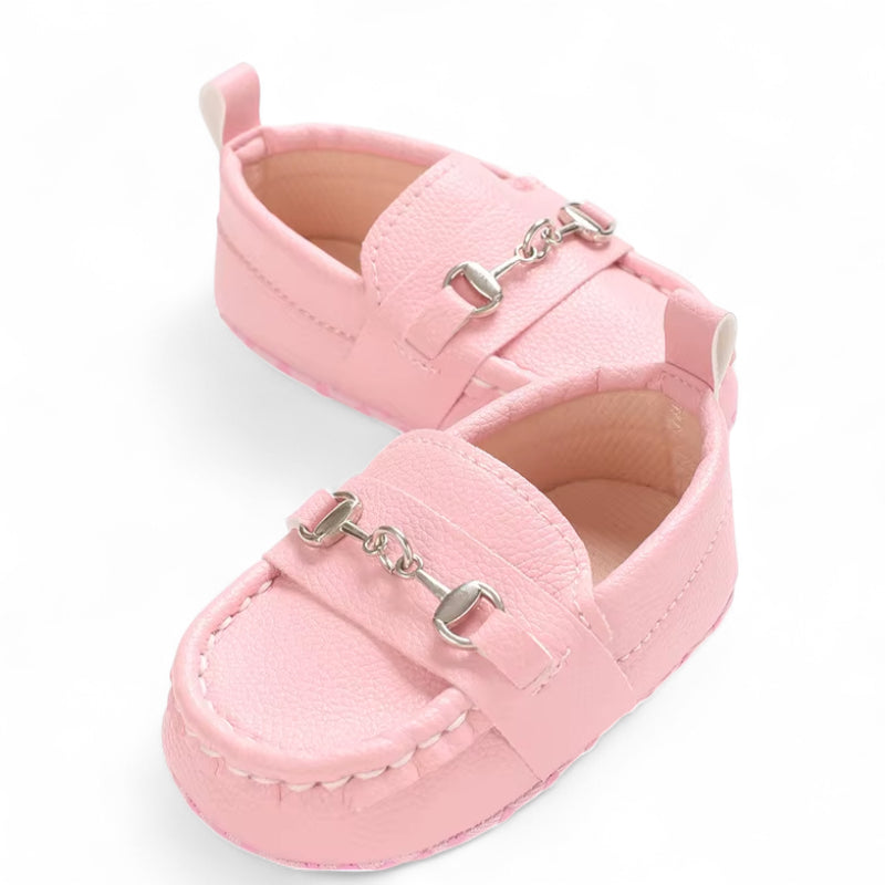 Mocassin En Cuir Rose Avec Chainette Bébé