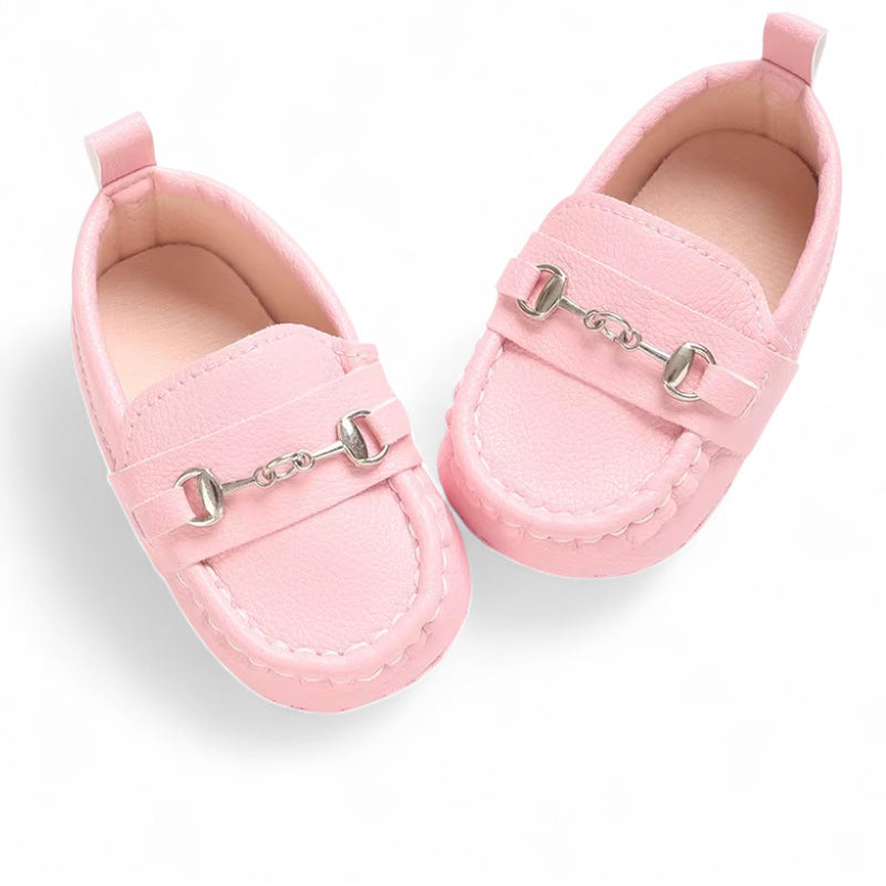 Mocassin En Cuir Rose Avec Chainette Bébé