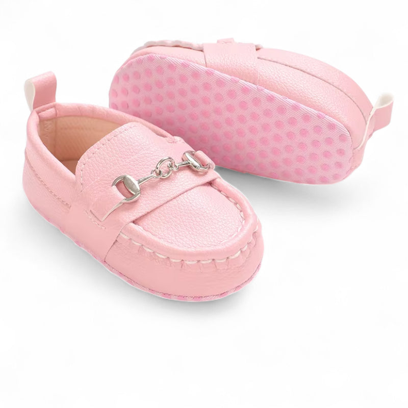 Mocassin En Cuir Rose Avec Chainette Bébé