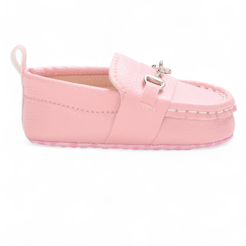 Mocassin En Cuir Rose Avec Chainette Bébé