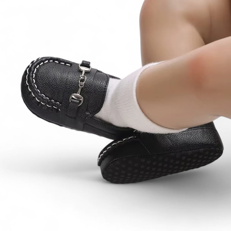 Mocassin Bébé Noir Chainette Cuir