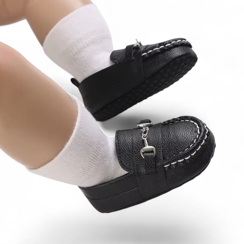 Mocassin Bébé Noir Chainette Cuir