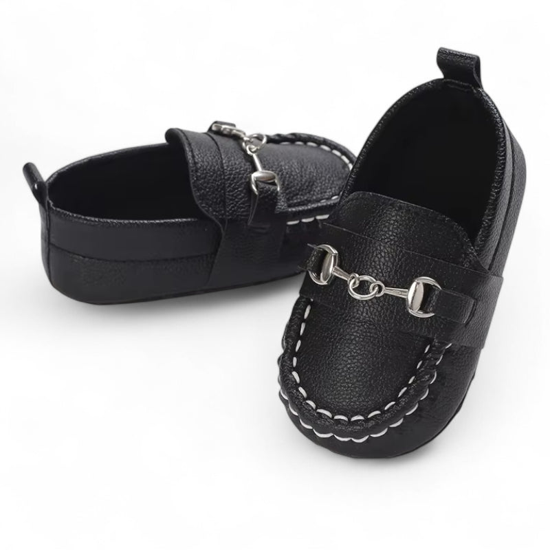 Mocassin Bébé Noir Chainette Cuir