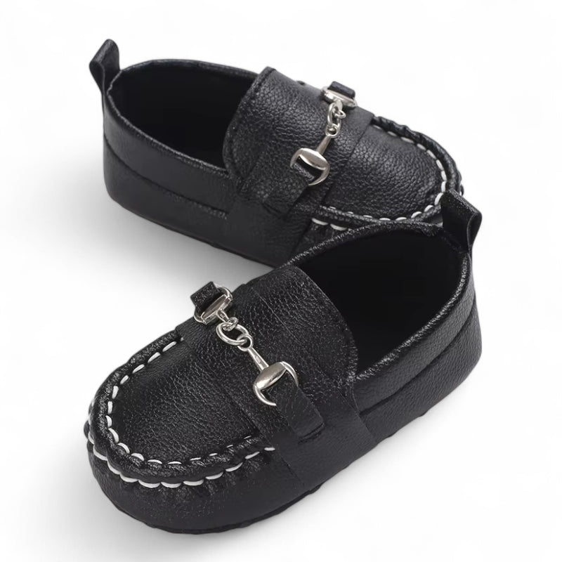 Mocassin Bébé Noir Chainette Cuir