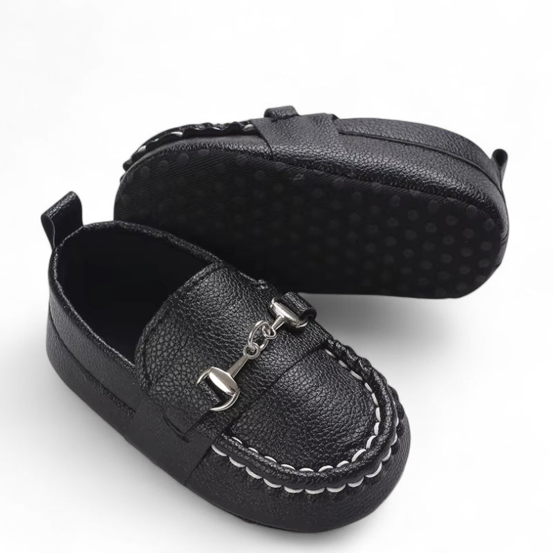 Mocassin Bébé Noir Chainette Cuir