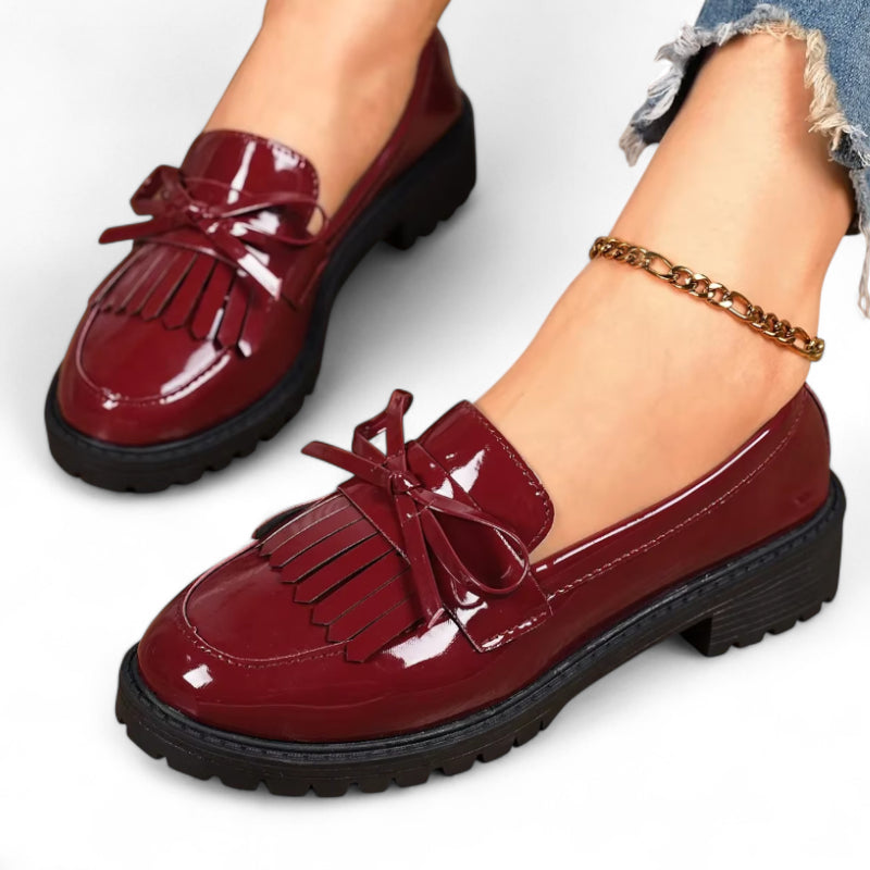 Mocassin Plateforme En Cuir Vernis Bordeaux Femme