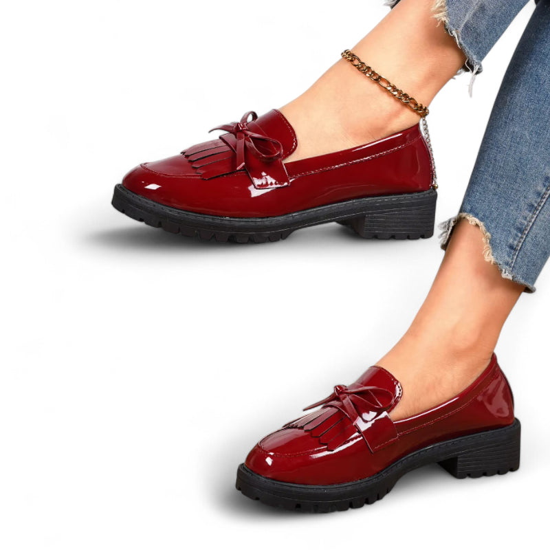 Mocassin Plateforme En Cuir Vernis Bordeaux Femme