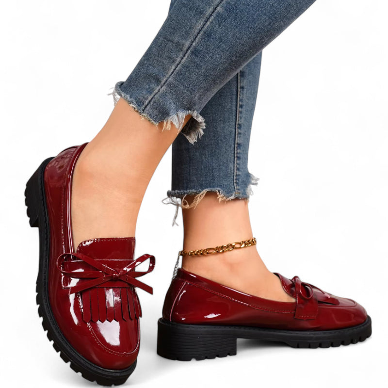 Mocassin Plateforme En Cuir Vernis Bordeaux Femme