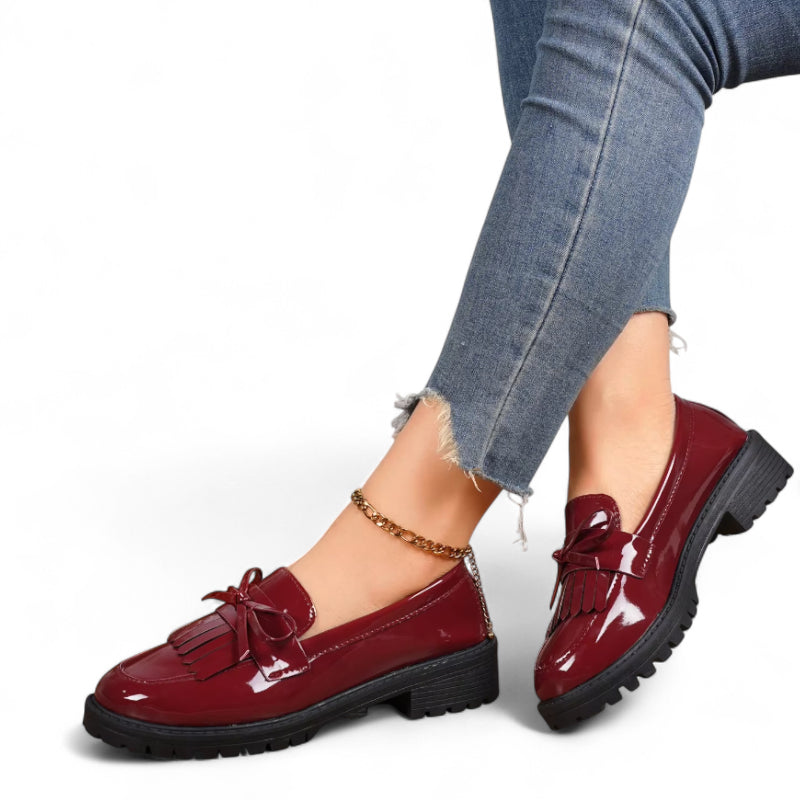 Mocassin Plateforme En Cuir Vernis Bordeaux Femme
