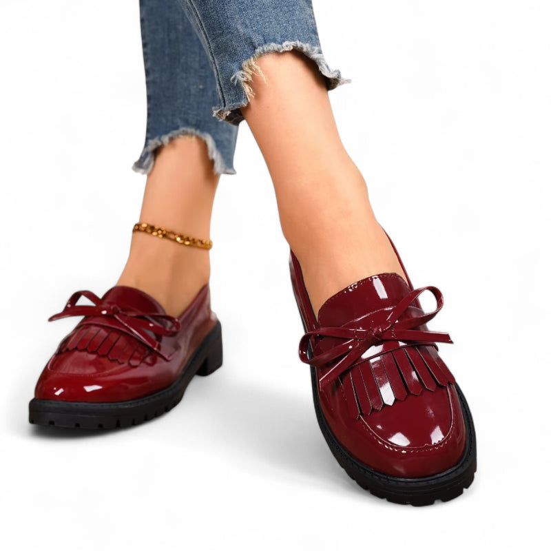 Mocassin Plateforme En Cuir Vernis Bordeaux Femme