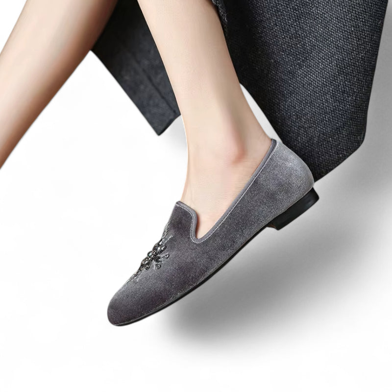 Mocassin Daim Gris Fleurs Argenté Femme