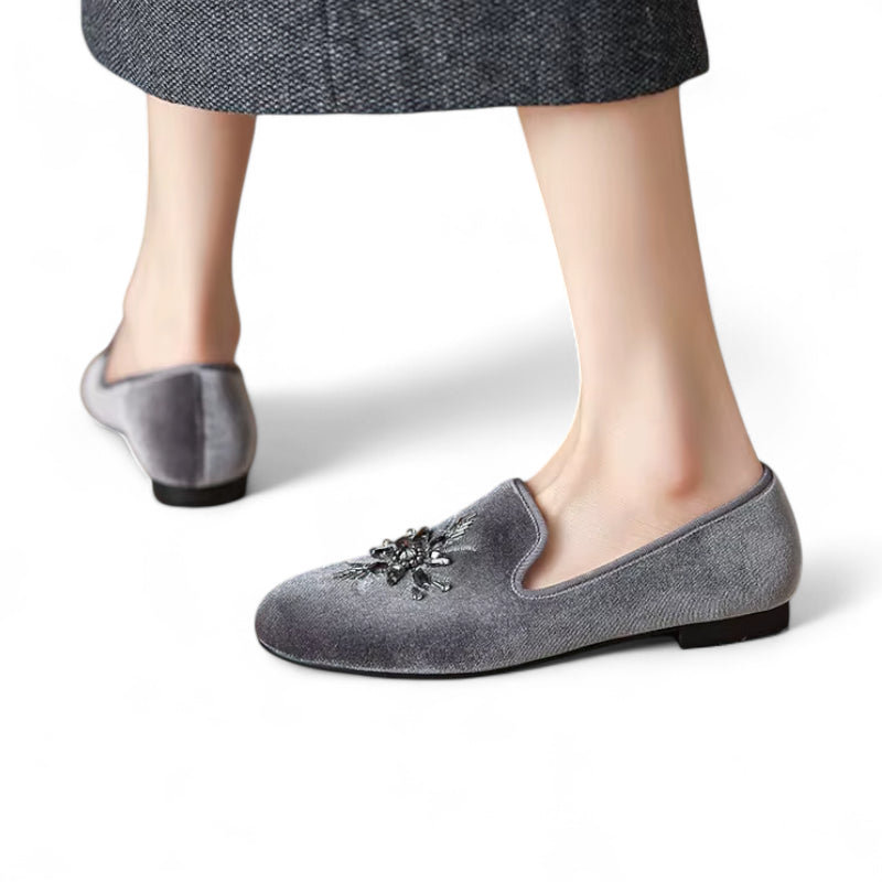 Mocassin Daim Gris Fleurs Argenté Femme
