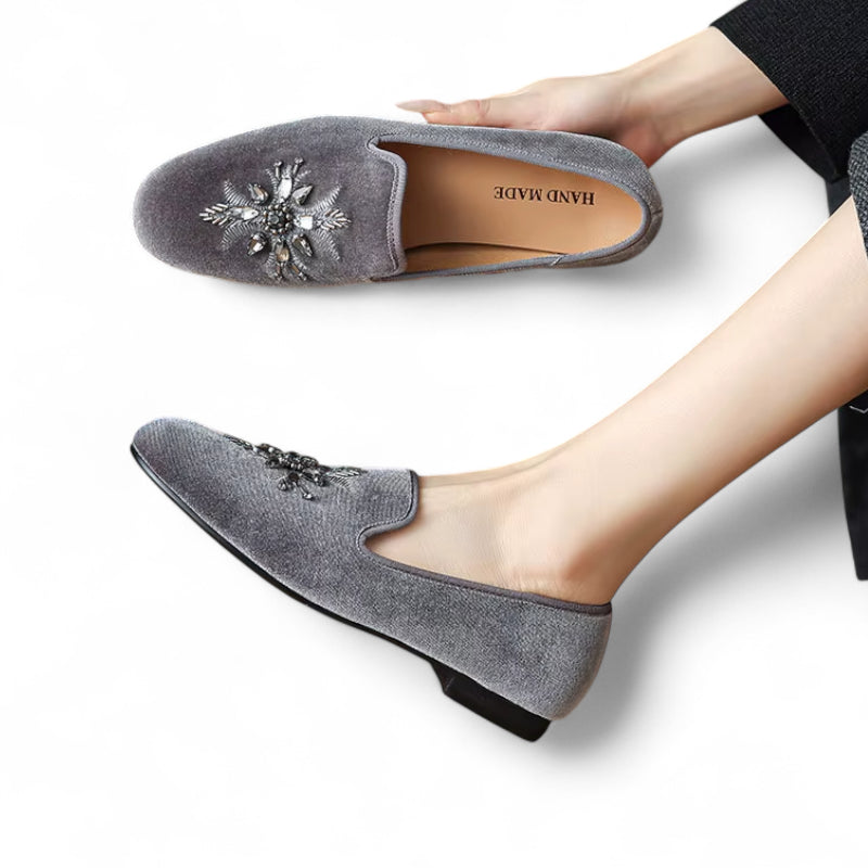 Mocassin Daim Gris Fleurs Argenté Femme