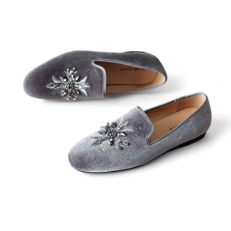 Mocassin Daim Gris Fleurs Argenté Femme
