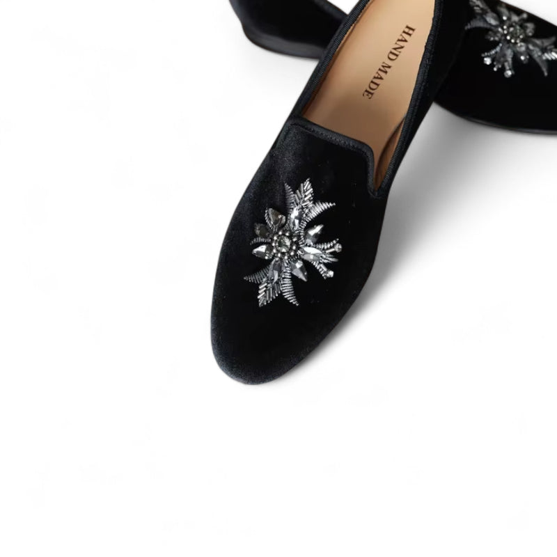 Mocassin Daim Noir Fleur Argenté Femme