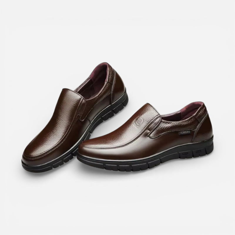 Mocassin Orthopédique Semelle Epaisse Confort En Cuir Véritable Marron Pour Homme