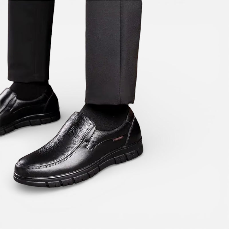 Mocassin Orthopédique Semelle Epaisse Confort En Cuir Véritable Noir Homme