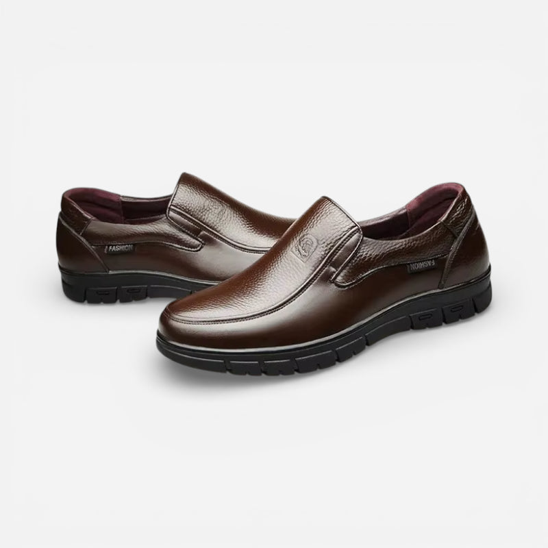 Mocassin Orthopédique Semelle Epaisse Confort En Cuir Véritable Marron Pour Homme